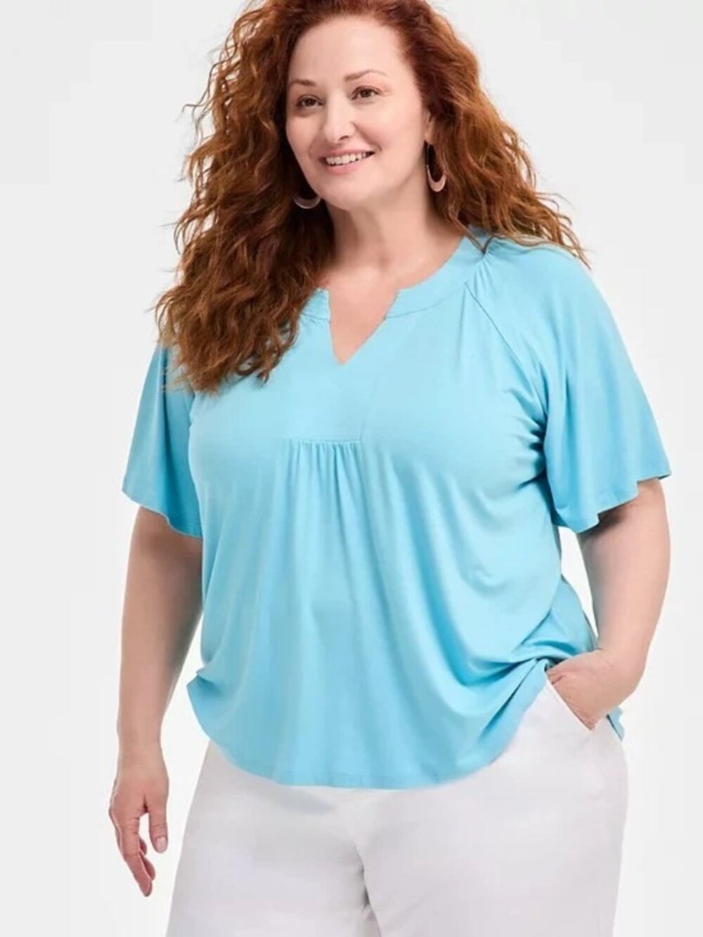 Style & Co Plus Sz 1X Aqua Swirl Flutter-Sleeve Top Flattering Drape and Breezy